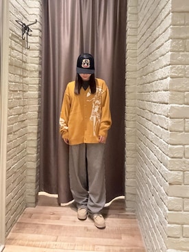 「HYSTERIC GLAMOUR（ヒステリックグラマー）のHYSTERIC WOMAN編込 カーディガン（Cardigans、イエロー系）」を使った、ヵさん（レディース・155cm）の秋コーディネート