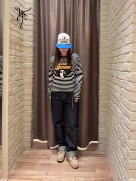 「HYSTERIC GLAMOUR（ヒステリックグラマー）のボーイフレンドデニムパンツ（Denim pants、ブルー系）」を使った、ヵさん（レディース・155cm）の秋コーディネート