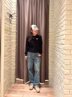 「HYSTERIC GLAMOUR（ヒステリックグラマー）のVINYL JUNKIE メッシュキャップ（Cap、ブラウン系）」を使った、ヵさん（レディース・155cm）の秋コーディネート