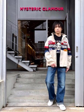 「レーシングジャケット」｜「アイテム（デニムパンツ）」を使った、RYUさん（メンズ・172cm）の春コーディネート