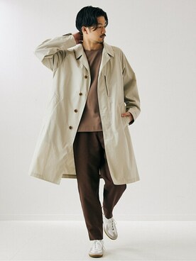 「417 EDIFICE（フォーワンセブンエディフィス）のアイテム（ステンカラーコート）」を使った、417 officialさん（メンズ・178cm）の冬コーディネート