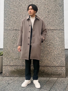 「417 EDIFICE（フォーワンセブンエディフィス）のアイテム（ステンカラーコート）」を使った、417 officialさん（メンズ・183cm）の秋コーディネート
