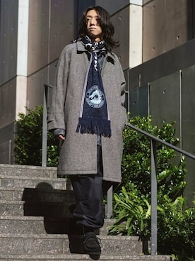 「417 EDIFICE（フォーワンセブンエディフィス）のアイテム（ステンカラーコート）」を使った、417 officialさん（メンズ・168cm）の冬コーディネート