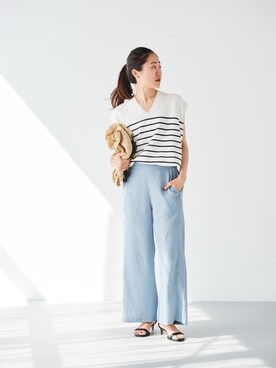 「ワイドパンツ 」｜「アイテム（サンダル）」を使った、mihoさん（レディース・159cm）の夏コーディネート