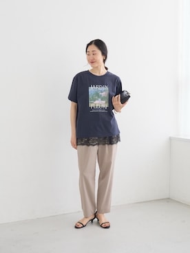 「le.coeur blanc（ルクールブラン）のJARDIN FLEURIフォトTEE（Tシャツ/カットソー、ブルー系）」を使った、mihoさん（レディース・159cm）の春コーディネート