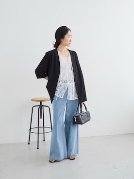 「le.coeur blanc（ルクールブラン）のデニムバギーパンツ（デニムパンツ、ブルー系）」を使った、mihoさん（レディース・159cm）の春コーディネート