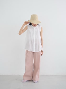「le.coeur blanc（ルクールブラン）の細ペーパーコマ編みハット（ハット、ベージュ系）」を使った、mihoさん（レディース・159cm）の夏コーディネート