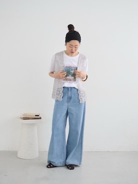 「le.coeur blanc（ルクールブラン）のデニムバギーパンツ（デニムパンツ、ブルー系）」を使った、mihoさん（レディース・159cm）の夏コーディネート
