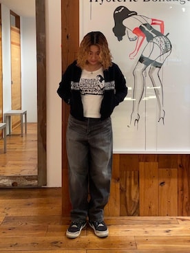 「HYSTERIC GLAMOUR（ヒステリックグラマー）のROAD SIGNジャカード ジャンパー（その他アウター）」を使った、RINさん（レディース・162cm）の秋コーディネート