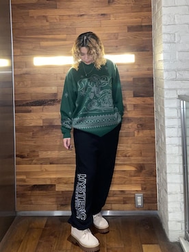「HYSTERIC GLAMOUR（ヒステリックグラマー）のSPEEDSTERジャカード セーター（ニット/セーター、グリーン系）」を使った、RINさん（レディース・162cm）の秋コーディネート