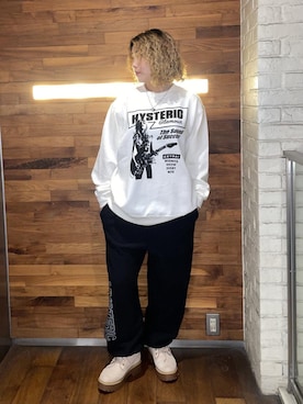 「HYSTERIC GLAMOUR（ヒステリックグラマー）のALL TICKETS スウェットパンツ（スウェットパンツ、ブラック系）」を使った、RINさん（レディース・162cm）の秋コーディネート