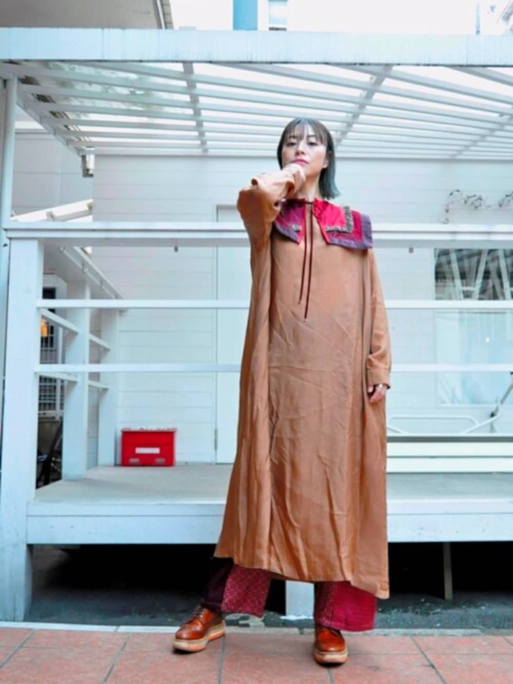 「ワンピース、柄パンツ、レイヤードスタイル、rehersall、つけ襟、キュプラ、hippiness、ロングドレス」｜「RehersalLのパジャマパッチカラー（付け襟、レッド系）」を使った、chaosbohemiaさん（レディース・168cm）の冬コーディネートの1枚目の写真