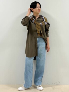「human woman（ヒューマンウーマン）の◆ロングシャツ（シャツ/ブラウス、グリーン系）」を使った、yukoさん（レディース・156cm）の夏コーディネート