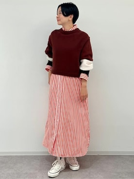 「human woman（ヒューマンウーマン）の◆ショート丈配色ニットプルオーバー（ニット/セーター、ブラウン系）」を使った、yukoさん（レディース・156cm）の秋コーディネート