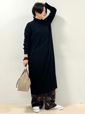 「human woman（ヒューマンウーマン）の◆ウール天竺タートルネックワンピース（ワンピース、ブラック系）」を使った、yukoさん（レディース・156cm）の冬コーディネート