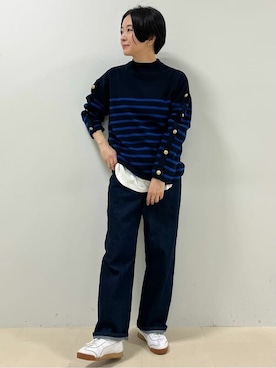 「human woman（ヒューマンウーマン）の◆袖ボタン付きボーダーニット（ニット/セーター、ブルー系）」を使った、yukoさん（レディース・156cm）の冬コーディネート