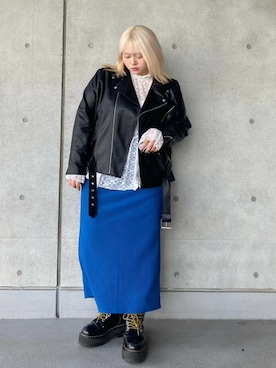 「アイテム（ライダースジャケット）」を使った、PUNYUS  さん（レディース・163cm）の秋コーディネート