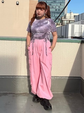 「アイテム（カーゴパンツ、ピンク系）」を使った、PUNYUS  さん（レディース・159cm）の夏コーディネート