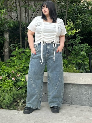 「PUNYUS(プニュズ)のサイドポケットバレルデニムパンツ(デニムパンツ)」を使った、PUNYUS さん(レディース・152cm)の春コーディネート
