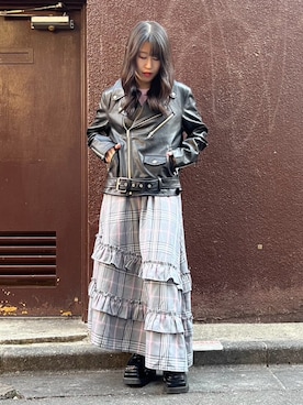 「アイテム（ライダースジャケット）」を使った、PUNYUS  さん（レディース・148cm）の秋コーディネート