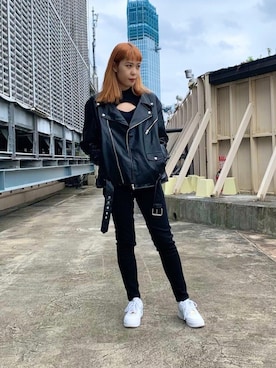 「PUNYUS（プニュズ）のアイテム（ライダースジャケット）」を使った、PUNYUS  さん（レディース・165cm）の秋コーディネート