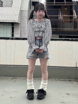 「PUNYUS（プニュズ）の2wayギンガムチェックブラウス（シャツ/ブラウス、ブラック系）」を使った、PUNYUS  さん（レディース・160cm）の春コーディネート