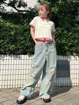 「PUNYUS（プニュズ）のダメージデニムワイドパンツ（デニムパンツ、ブルー系）」を使った、PUNYUS  さん（レディース・163cm）の夏コーディネート