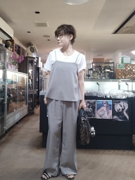「AMERICAN HOLIC（アメリカンホリック）のリネンライクビスチェサロペット（サロペット/オーバーオール、ベージュ系）」を使った、takamiさん（レディース・159cm）の夏コーディネート