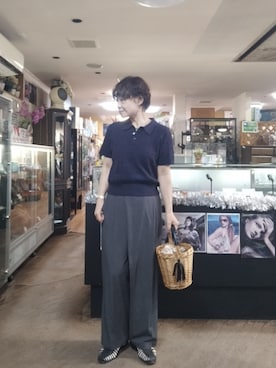 「AMERICAN HOLIC（アメリカンホリック）のブークレ半袖ニットトップス（ニット/セーター、ブルー系）」を使った、takamiさん（レディース・159cm）の夏コーディネート