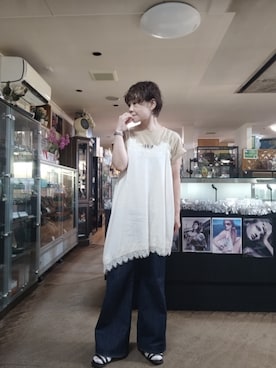 「AMERICAN HOLIC（アメリカンホリック）のTURQUOISEロゴカットプルオーバー（Tシャツ/カットソー、ベージュ系）」を使った、takamiさん（レディース・159cm）の夏コーディネート