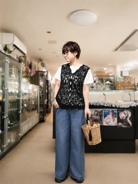 「AMERICAN HOLIC（アメリカンホリック）のチュールコード刺繍ベスト（ベスト、ブラック系）」を使った、takamiさん（レディース・159cm）の夏コーディネート