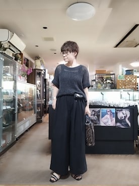 「AMERICAN HOLIC（アメリカンホリック）の透かし畦ルーズニット（ニット/セーター、グレー系）」を使った、takamiさん（レディース・159cm）の夏コーディネート