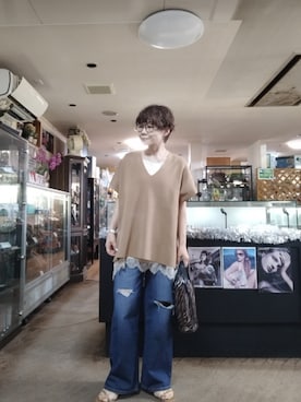 「AMERICAN HOLIC（アメリカンホリック）のアイテム（ニット/セーター、ベージュ系）」を使った、takamiさん（レディース・159cm）の夏コーディネート