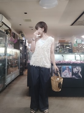 「AMERICAN HOLIC（アメリカンホリック）の【前後2WAY】フリンジベスト（ベスト、ホワイト系）」を使った、takamiさん（レディース・159cm）の夏コーディネート