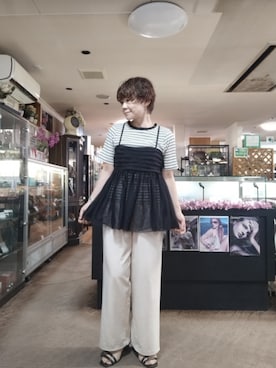 「AMERICAN HOLIC（アメリカンホリック）のティアードキャミ（キャミソール、ブラック系）」を使った、takamiさん（レディース・159cm）の夏コーディネート