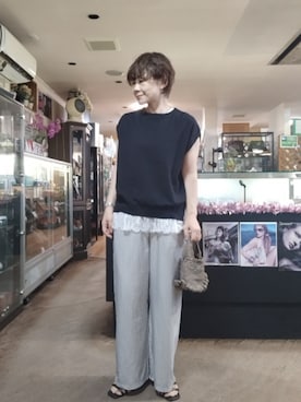「AMERICAN HOLIC（アメリカンホリック）の接触冷感ラメフレンチスリーブニットプルオーバー（ニット/セーター、ブルー系）」を使った、takamiさん（レディース・159cm）の夏コーディネート