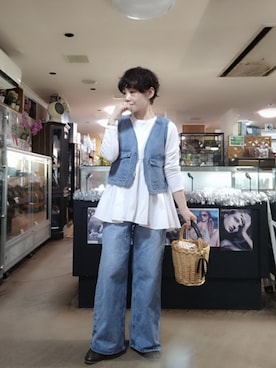 「AMERICAN HOLIC（アメリカンホリック）のショート丈ベスト（ベスト、ブルー系）」を使った、takamiさん（レディース・159cm）の夏コーディネート