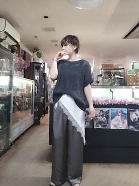 「AMERICAN HOLIC（アメリカンホリック）の透かし畦ルーズニット（ニット/セーター、グレー系）」を使った、takamiさん（レディース・159cm）の夏コーディネート