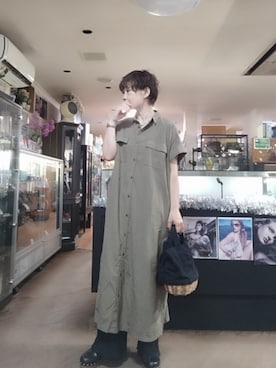 「AMERICAN HOLIC（アメリカンホリック）の接触冷感+UVカットWポケットシャツワンピース（ワンピース、グリーン系）」を使った、takamiさん（レディース・159cm）の夏コーディネート