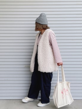 「ぽっちゃり」｜「アイテム（ベスト、ホワイト系）」を使った、♡、。・S♡、。・:*:・さん（レディース・159cm）の秋コーディネート