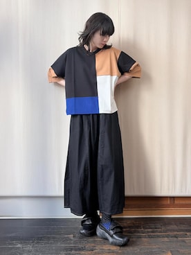 「gomme（ゴム）のポンチ切替Ｔ（Tシャツ/カットソー、ブラック系）」を使った、gommeさん（レディース・170cm）の春コーディネート