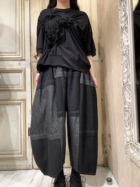 「gomme（ゴム）のシャーリングＴ（Tシャツ/カットソー、ブラック系）」を使った、gommeさん（レディース・170cm）の春コーディネート