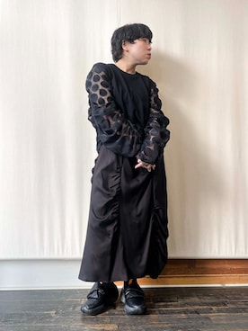 「gomme（ゴム）のギャザースリーブＴ（Tシャツ/カットソー、ブラック系）」を使った、gommeさん（レディース・170cm）の春コーディネート
