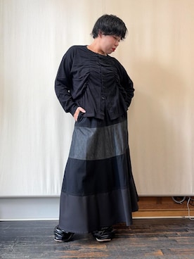 「gomme（ゴム）のシャーリングカーディガン（カーディガン/ボレロ、ブラック系）」を使った、gommeさん（レディース・162cm）の夏コーディネート