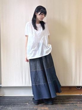 「gomme（ゴム）のユニオンジャックＴ（Tシャツ/カットソー、ホワイト系）」を使った、gommeさん（レディース・162cm）の夏コーディネート