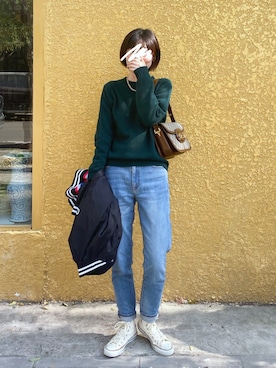 「ZOZO（ゾゾ）のスリムテーパードデニムパンツ［WOMEN］（デニムパンツ）」を使った、wakuwakuさん（レディース・165cm）の秋コーディネート