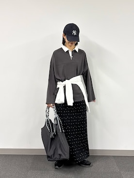 「CIAOPANIC TYPY（チャオパニックティピー）のW【WEB限定】襟配色カラーシアースラブワイドラガーロンTee（Tシャツ/カットソー、グレー系）」を使った、yumiさん（レディース・165cm）の春コーディネート