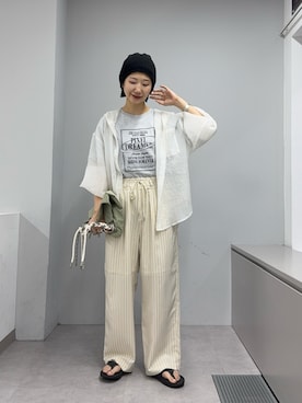 「CIAOPANIC TYPY（チャオパニックティピー）の【接触冷感/5サイズ展開】テックリネンウエスト紐ベルトワイドイージースラックス（その他パンツ、ホワイト系）」を使った、yumiさん（レディース・165cm）の春コーディネート