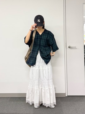 「CIAOPANIC TYPY（チャオパニックティピー）の【ユニセックス】パナマ織り/袖配色/クロス半袖チェックシャツ（シャツ/ブラウス、グリーン系）」を使った、yumiさん（レディース・165cm）の春コーディネート