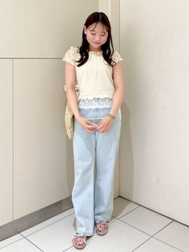「flower（フラワー）のソフトクロシェトート（トートバッグ、ホワイト系）」を使った、flowerさん（レディース・164cm）の夏コーディネート
